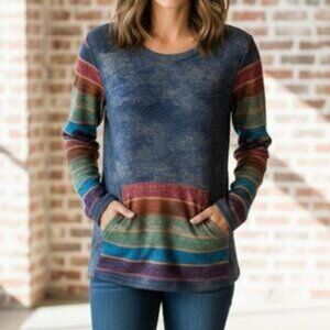 Misslook Women's Long Sleeve Pullover Top Acid Wash Loose Fit Boho Hippie Size S